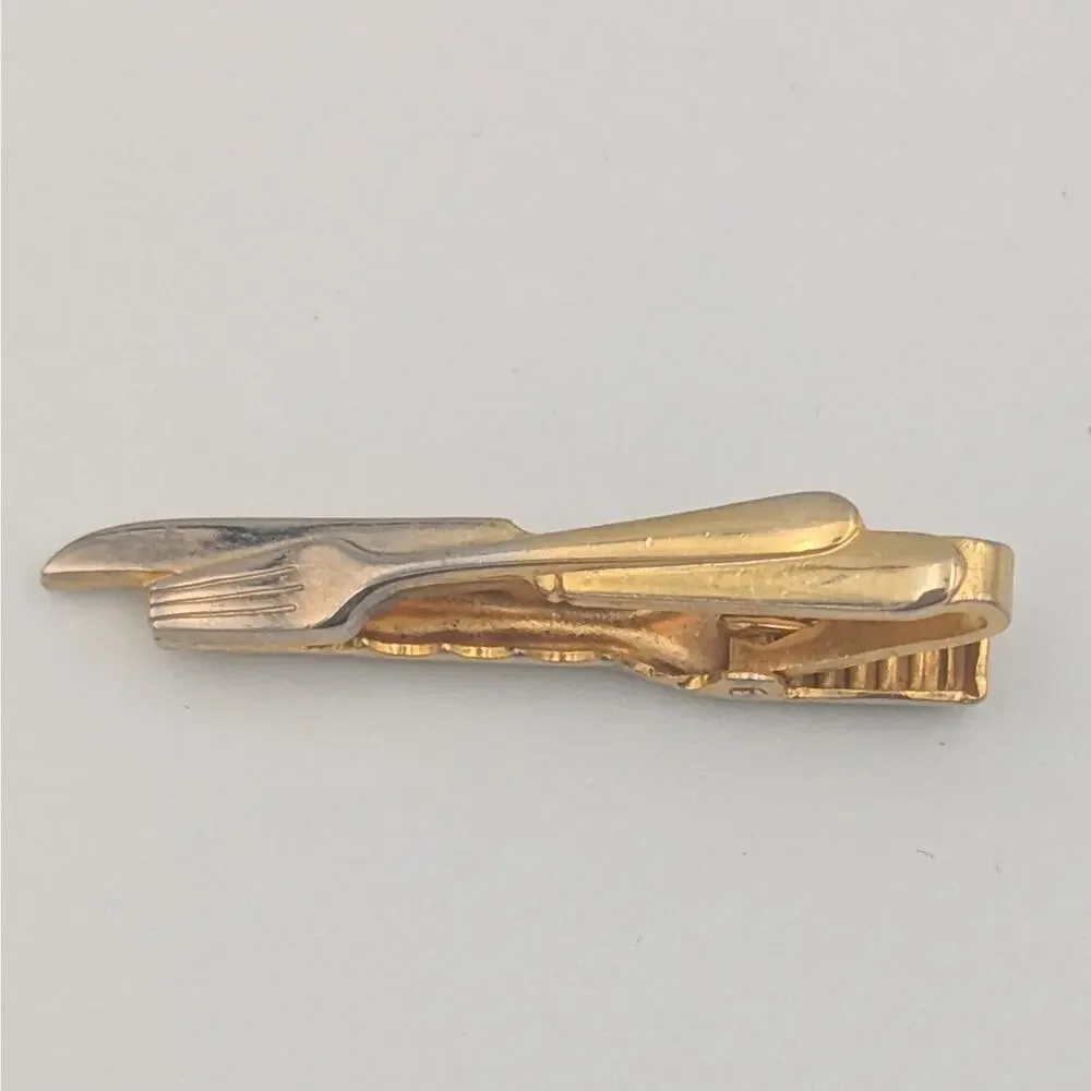 Vintage Fork & Knife Tie Clip | Mid Century Gold Tone Novelty Tie Bar Chef Gift